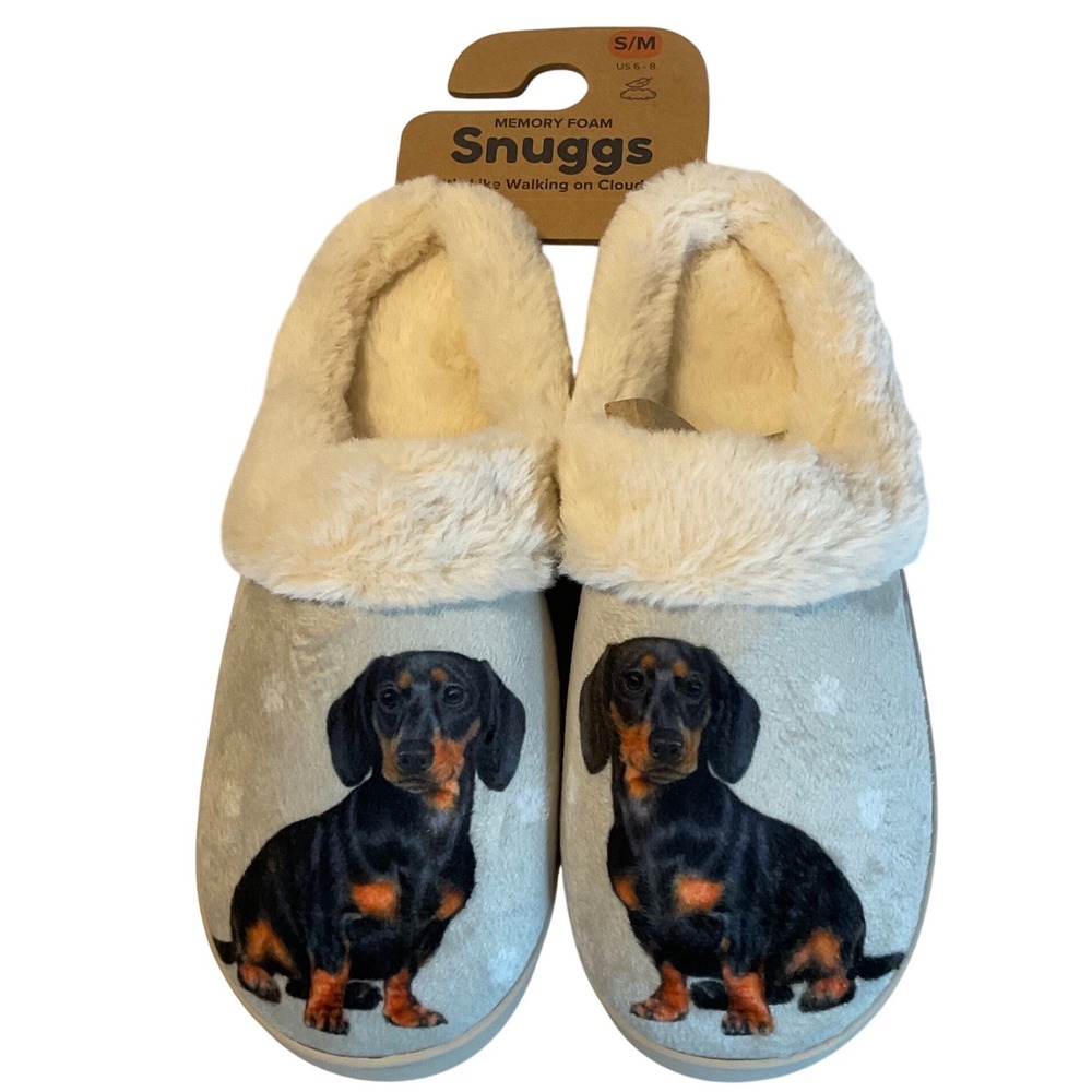 Snuggs Memory Foam Clog Slippers Womens S/M 6-8 Dachshund Dog Faux Fur Grey NEW